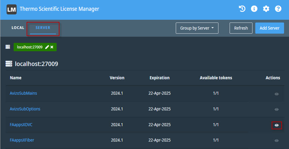 Server licenses dialog